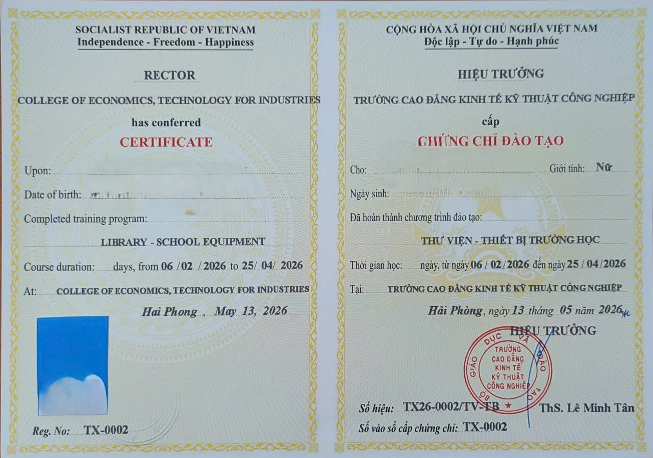 Mẫu chứng chỉ thư viện thiết bị trường học
