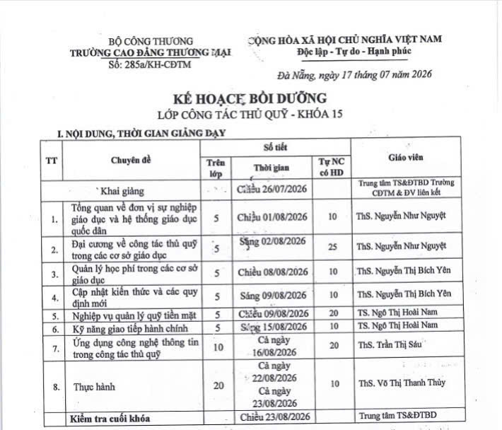 lịch học Công Tác Thủ Quỹ 2026