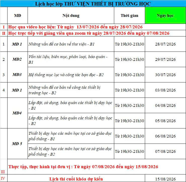 Lịch Khóa học thư viện thiết bị trường học Tháng 7