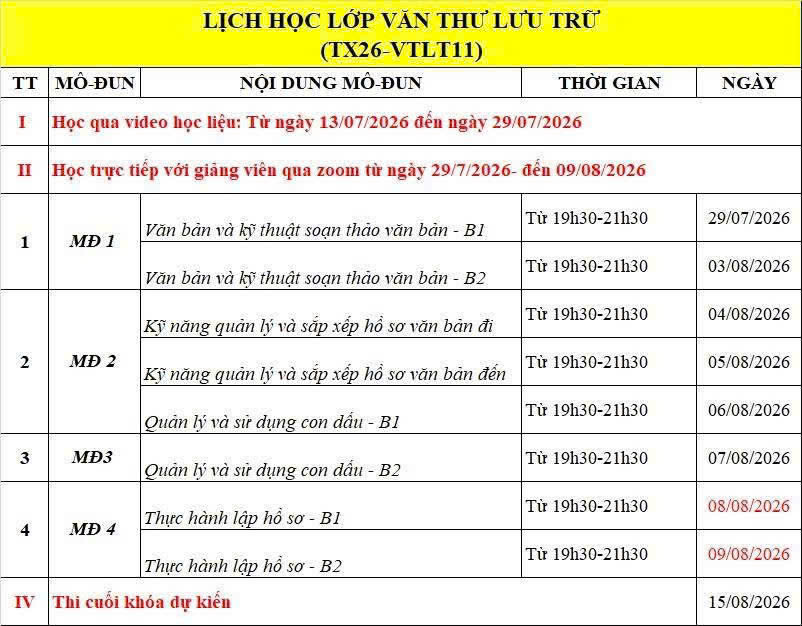 Lịch học Lớp Nghiệp Vụ Văn Thư – Lưu Trữ Tháng 7/2026