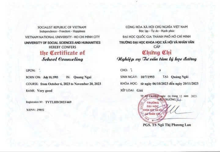 Chứng chỉ Nghiệp Vụ Tư Vấn Tâm Lý Học Đường