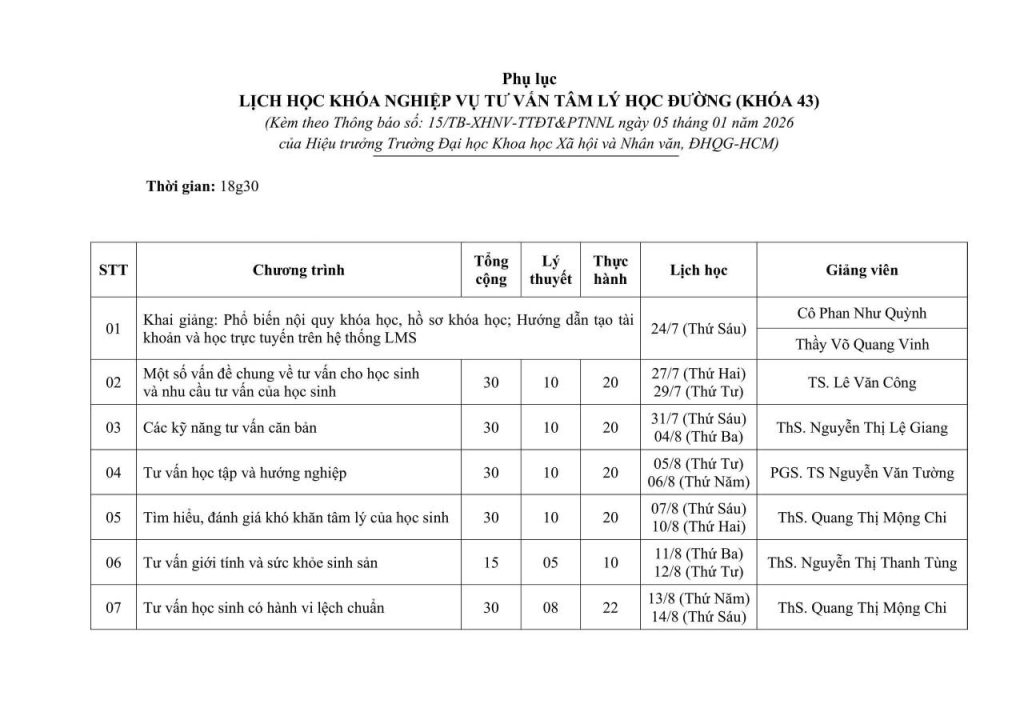Lịch học Nghiệp Vụ Tư Vấn Tâm Lý Học Đường Tháng 8