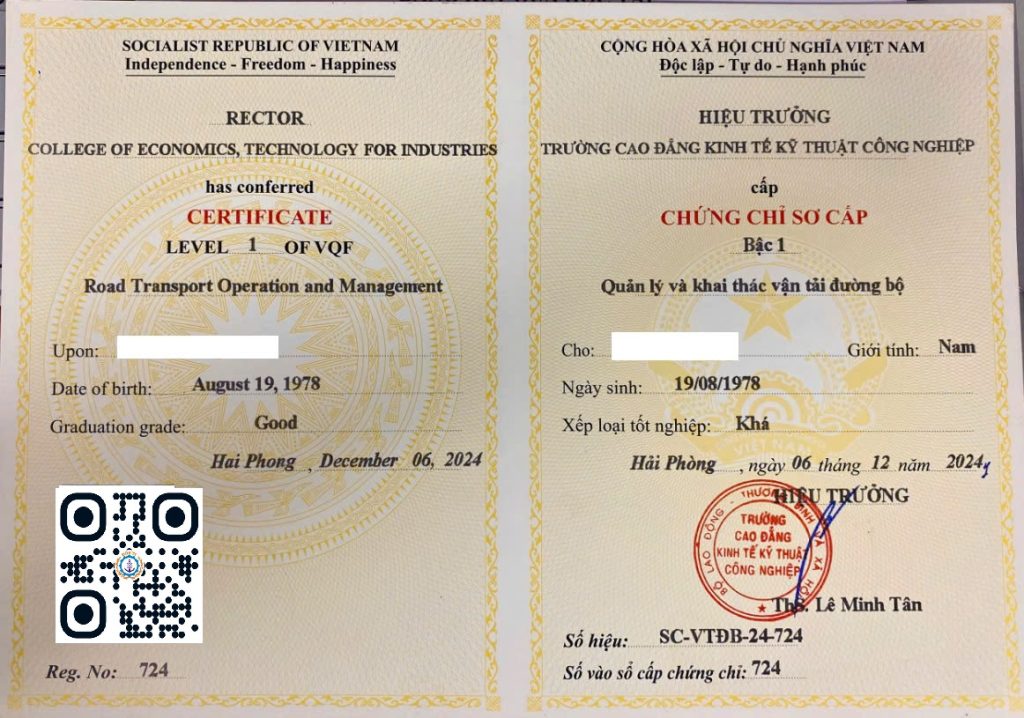 Chứng Chỉ sơ cấp Vận Tải Đường Bộ