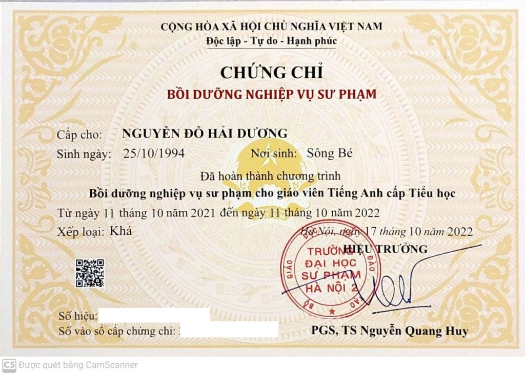 Chứng chỉ Nghiệp vụ sư phạm Tiếng anh tiểu học