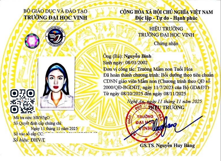 Chứng chỉ Chuẩn chức danh Giáo viên Mầm non