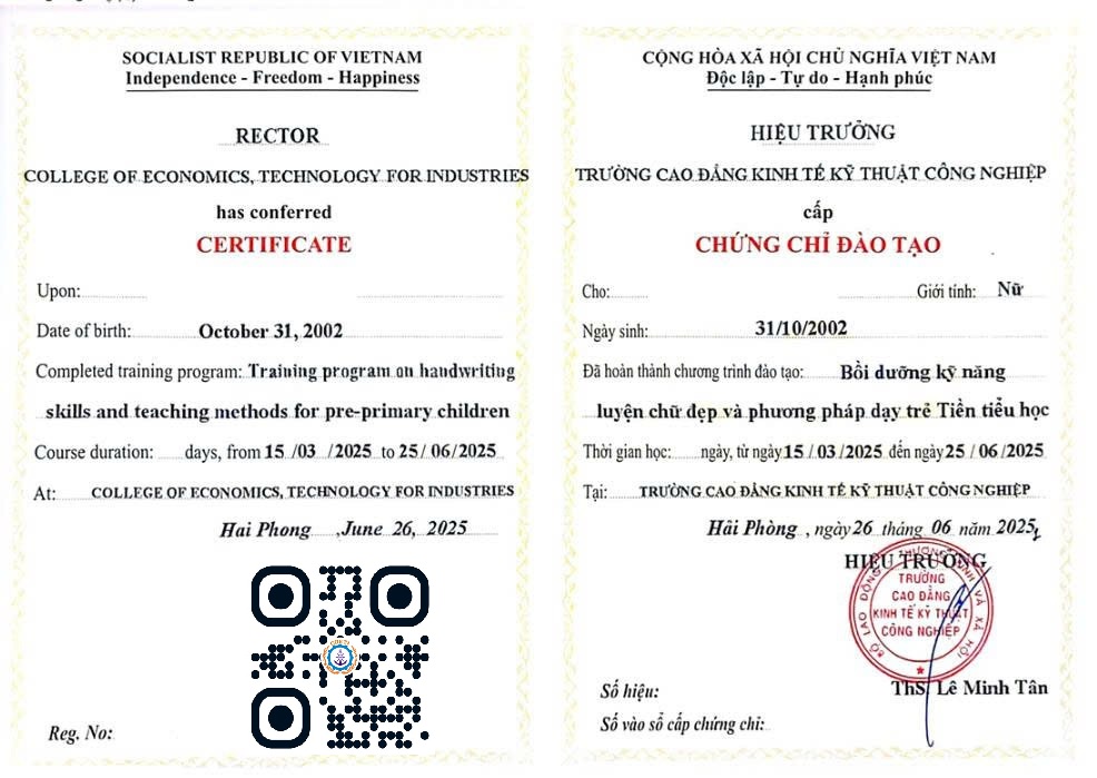 Chứng chỉ luyện chữ đẹp - tiền tiểu học