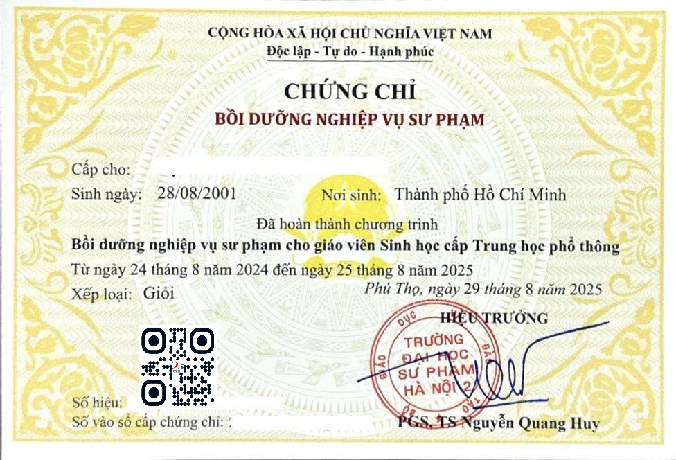 Chứng chỉ nghiệp vụ sư phạm Sinh THPT
