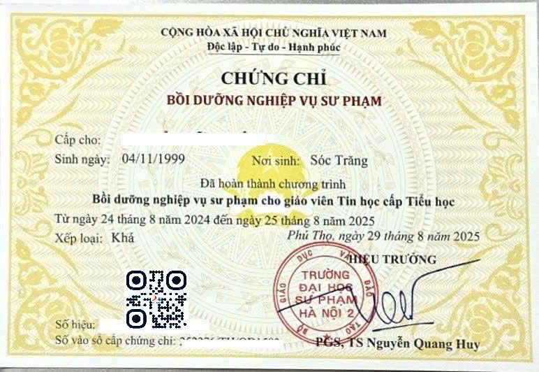 Chứng chỉ nghiệp vụ sư phạm Tin học Tiểu học
