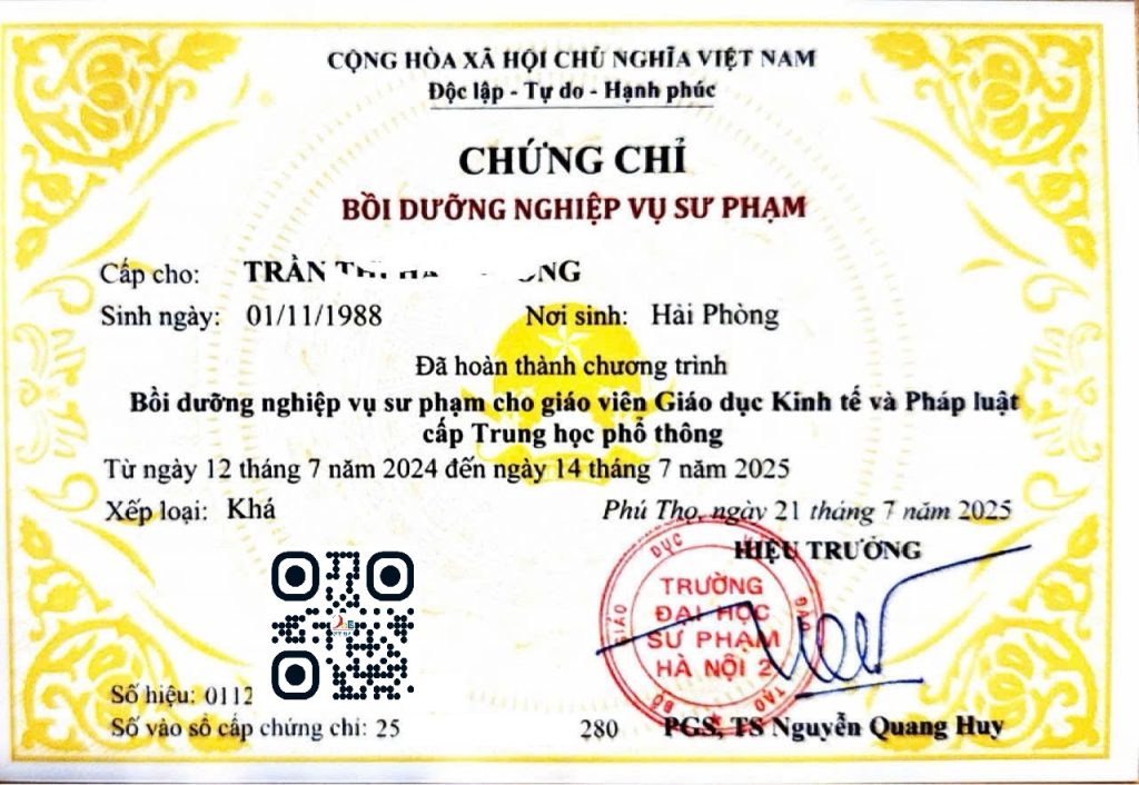 Chứng chỉ Nghiệp vụ sư phạm Kinh tế pháp luật THPT