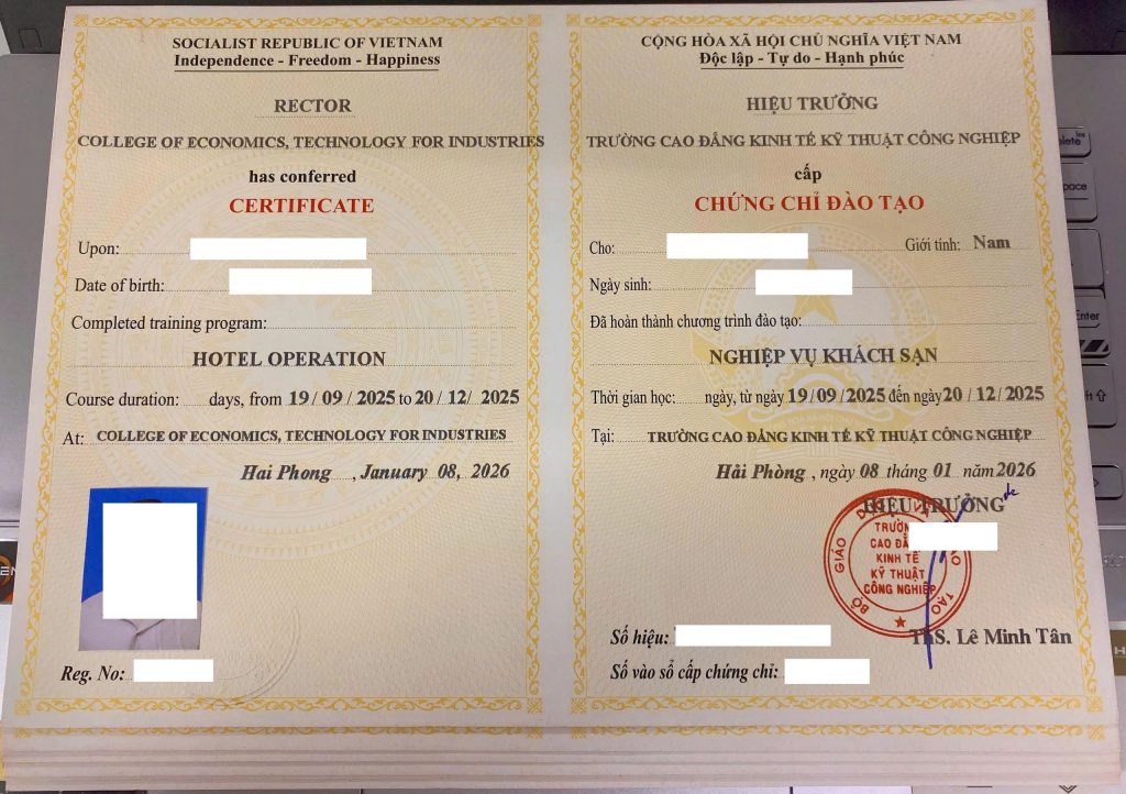 Chứng chỉ nghiệp vụ khách sạn