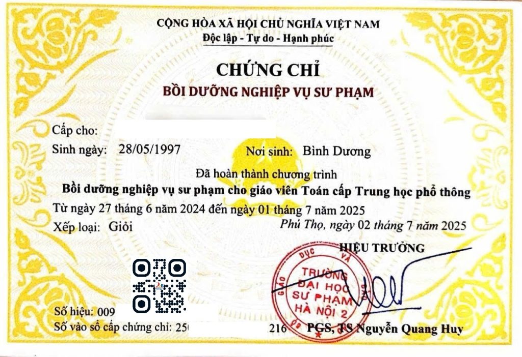 Chứng chỉ Nghiệp vụ sư phạm Toán THPT