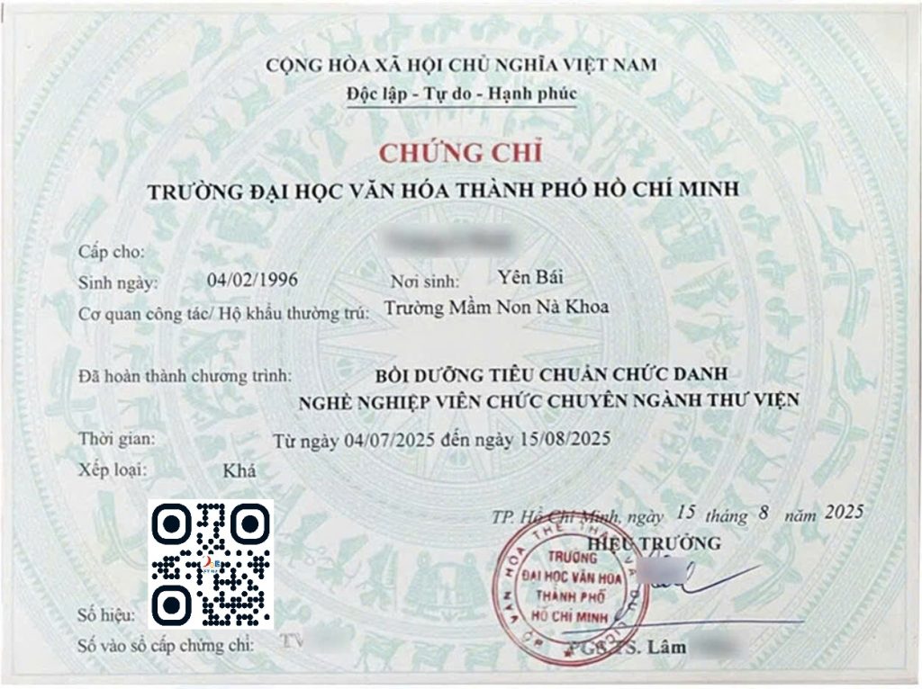 Chứng chỉ Chuẩn chức danh Thư viện